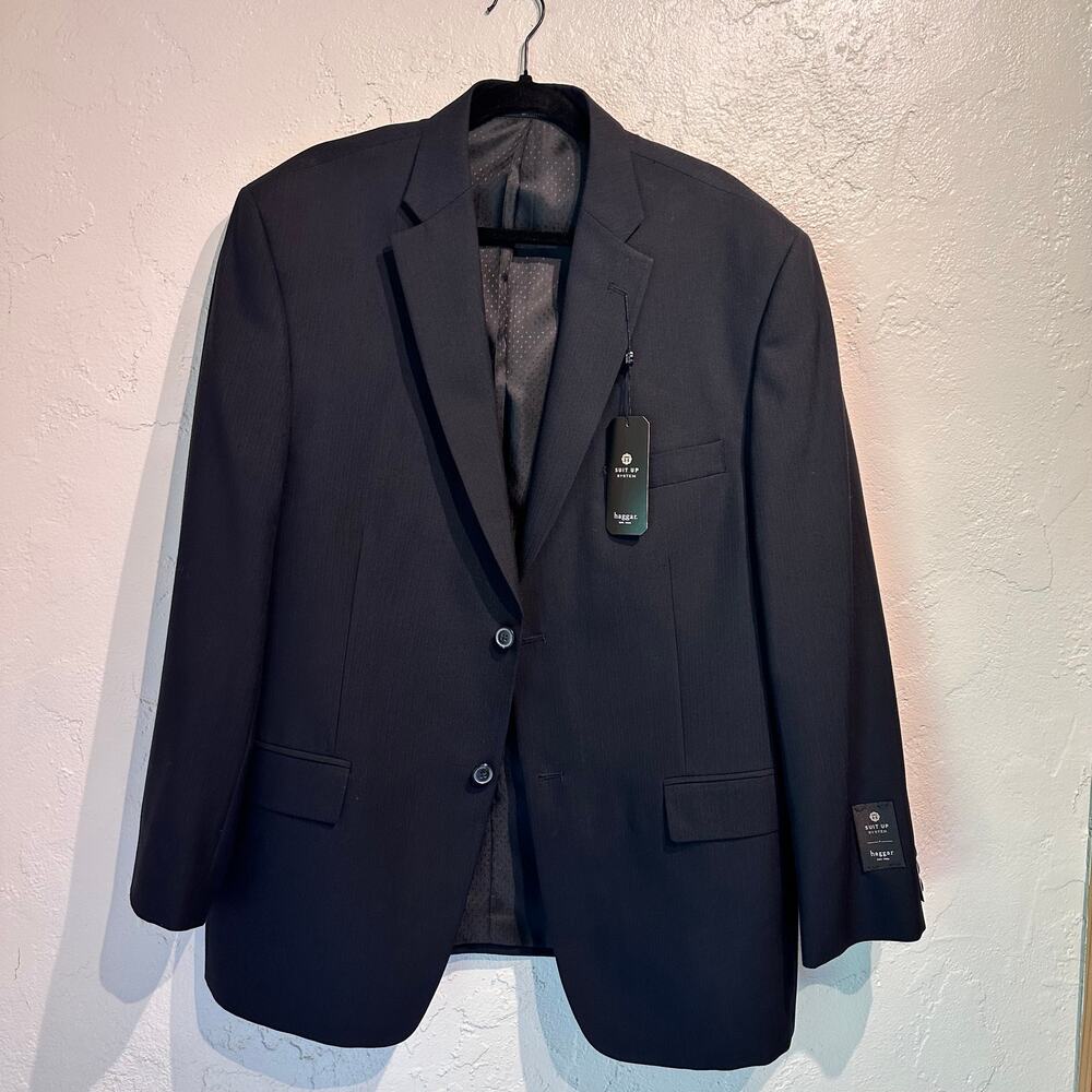 NWT $120 Haggar Suit Jacket 44 Reg Black on Black Stripe Suit Up Traditional